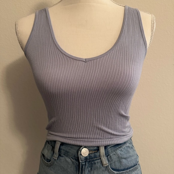 Tops - Purple Stretchy Ribbed Crew Neck Crop Top Tank Sleeveless Size S/M